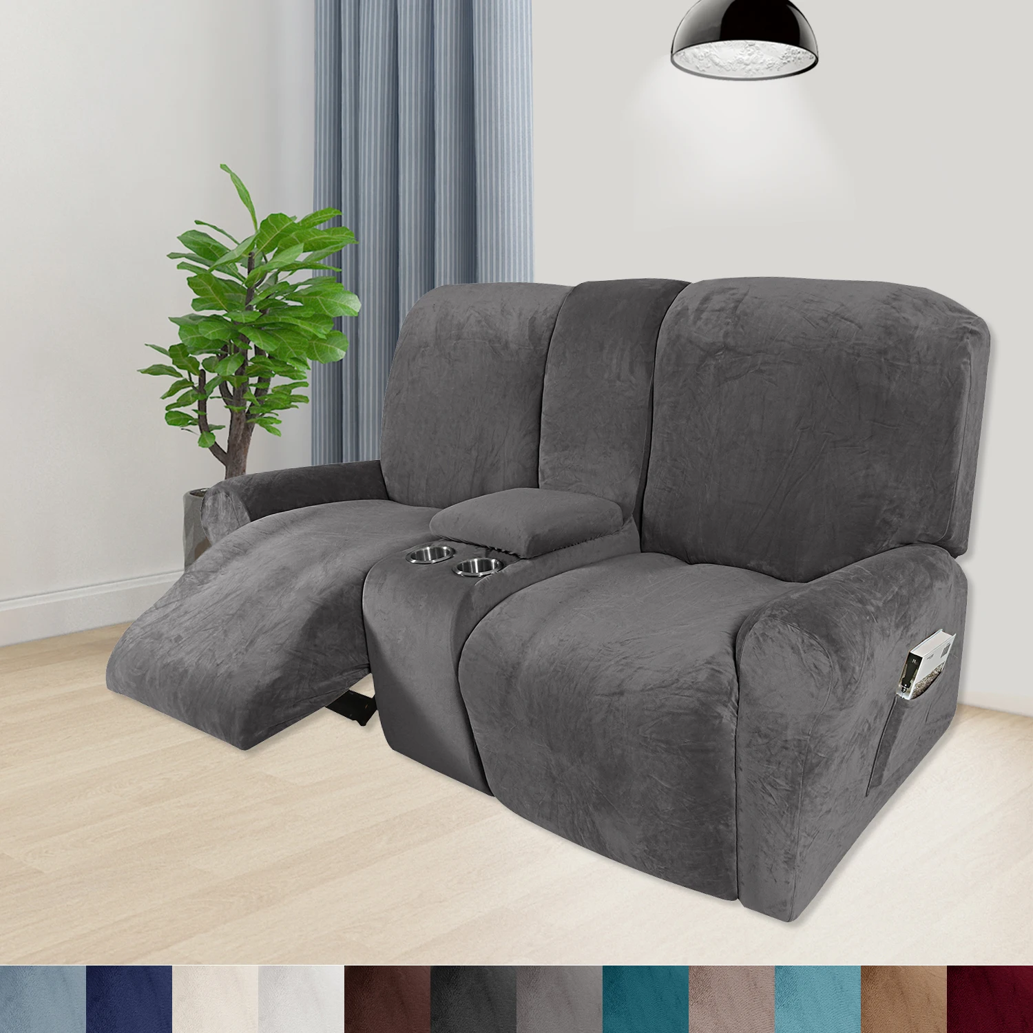 Recliner Sofa Covers 2 Seater Sofa Covers with Cup Holder and Middle Console Cover Velvet Stretch Recliner Loveseat Slipcovers