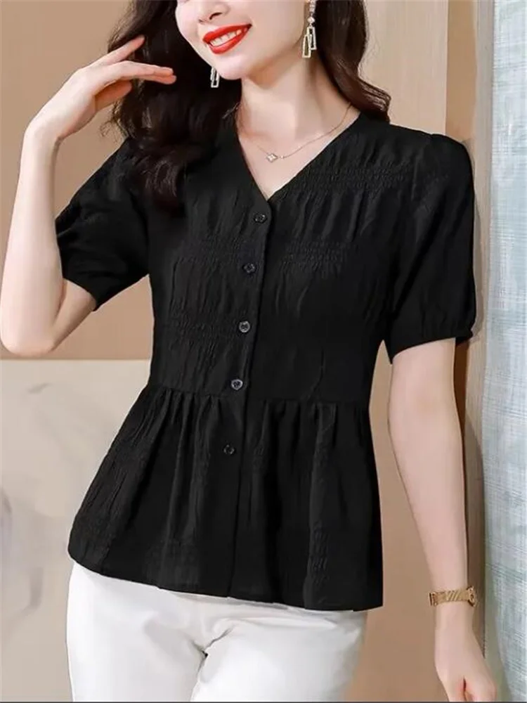 Loose Blouses Summer Cardigan Top For Women Short Sleeve Shirt Belly Covering Top Woman Pleated Tunic Slim Shirt Grace Female image 5