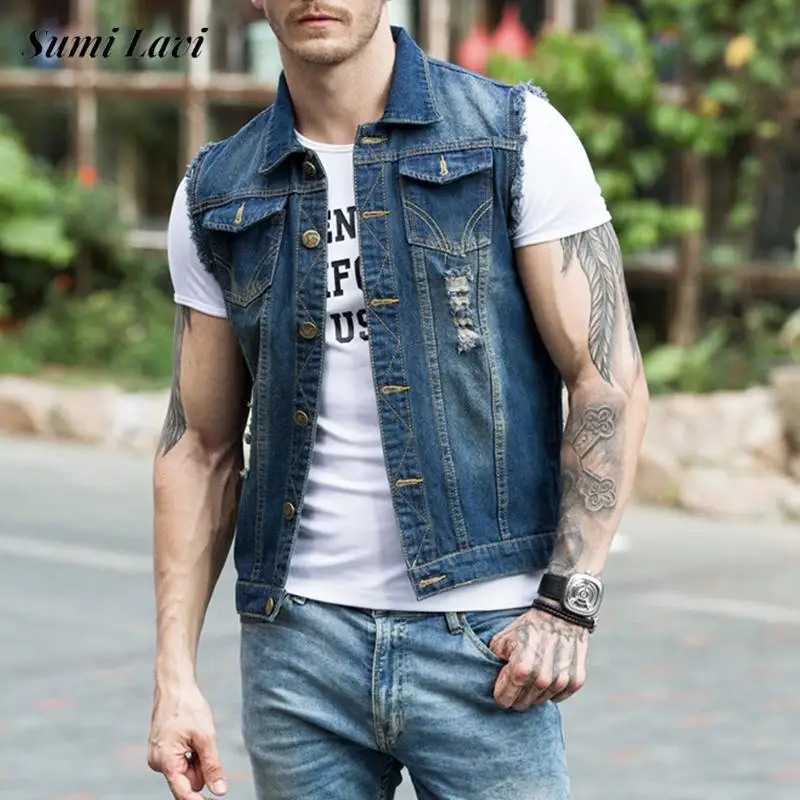 

2024 Autumn New Fashion Ripped Denim Waistcoats For Men Vintage Sleeveless Button Lapel Denim Vest Coat Mens Trendy Jean Jackets