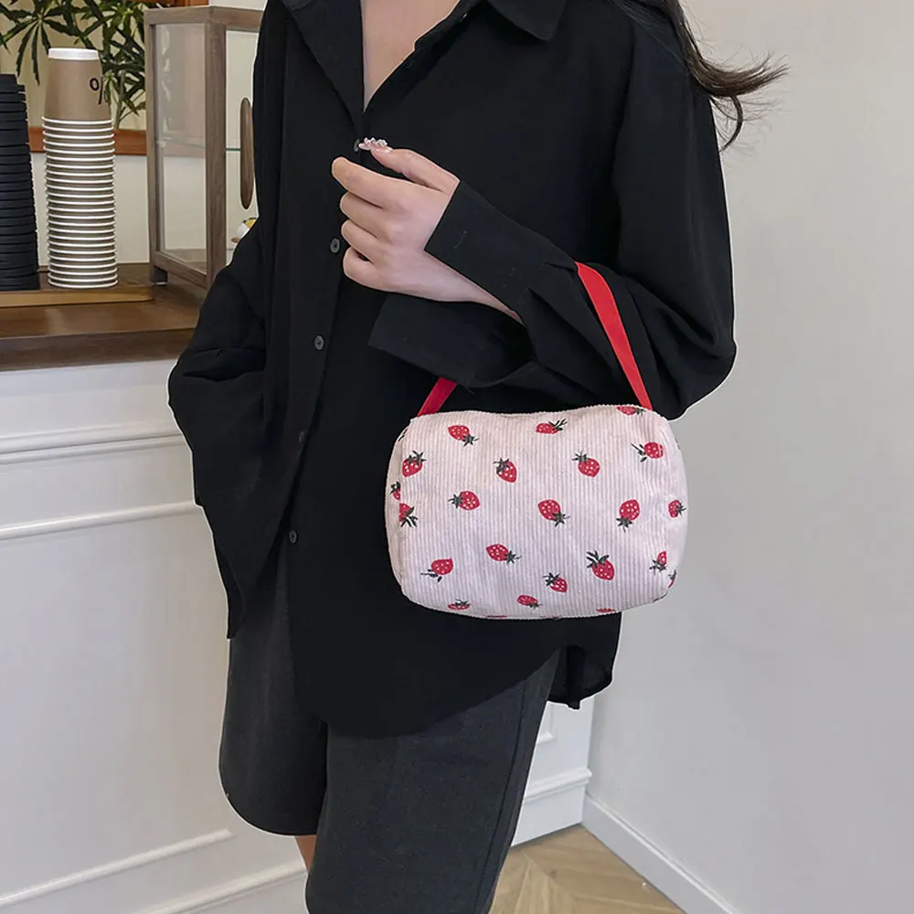 

Corduroy Underarm Bag for Women 2026 Spring New Travel Small Strawberry Print Handbag Hand-Held Makeup Bag