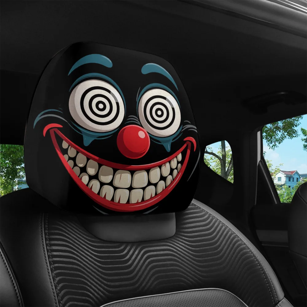 2 pieces, scary and funny clown face printed car headrest covers, stain-resistant and oil-resistant, retractable, car parts