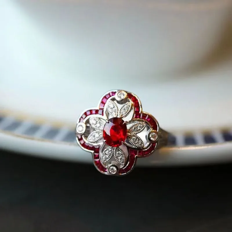 Vintage Hollow Out High Quality Flower 925 Silver Inlaid Ruby Rings for Women Exquisite Charms Banquet Wedding Jewelry