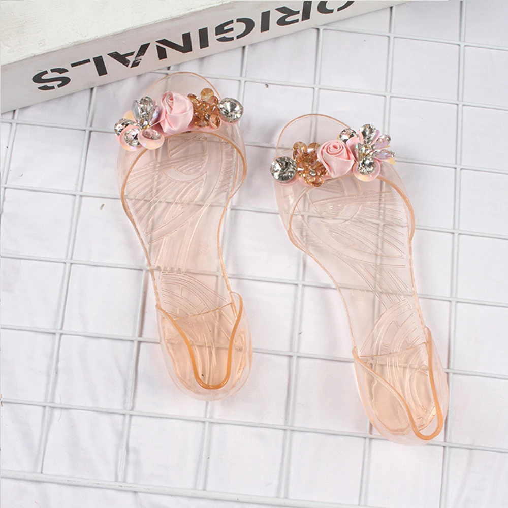 Women\'s Summer New PVC Fashion Transparent Bottom Glass Diamond Butterfly Flat Daily Indoor And Outdoor Casual Sandals