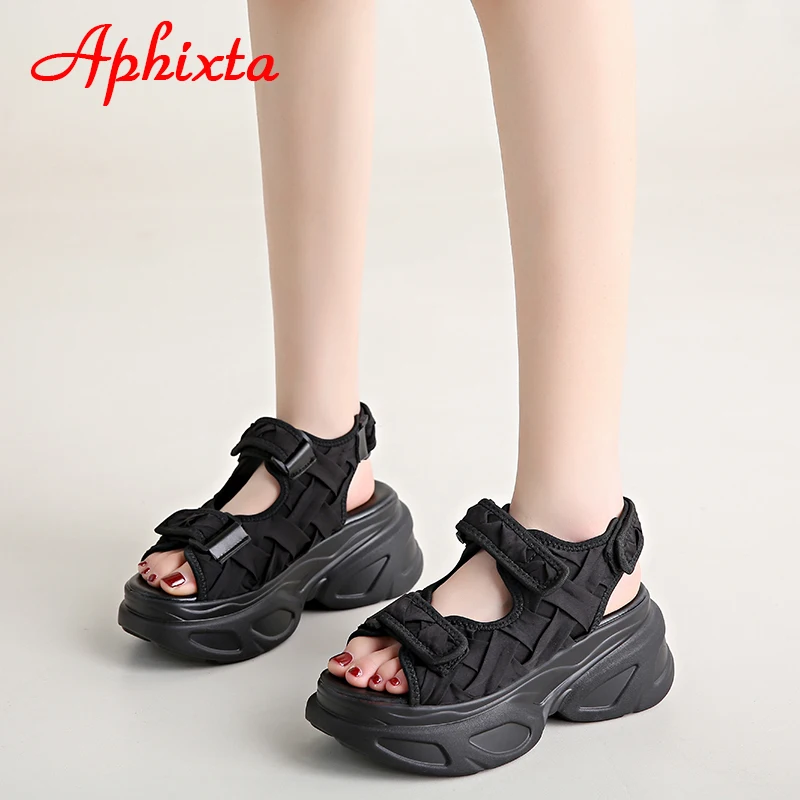 Aphixta Summer 7.5cm Platform Sandals Women Wedge Heels Shoes Adjustable Hook & Loop Silk Fabrics Cool Beach Slides Plus Szie 42