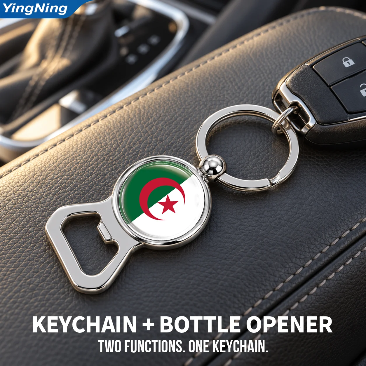 Algerian Flag Metal Bottle Opener Keychain Round 2 in 1 Key Ring Car Key Accessories National Flag Pendant Travel Souvenir Gift