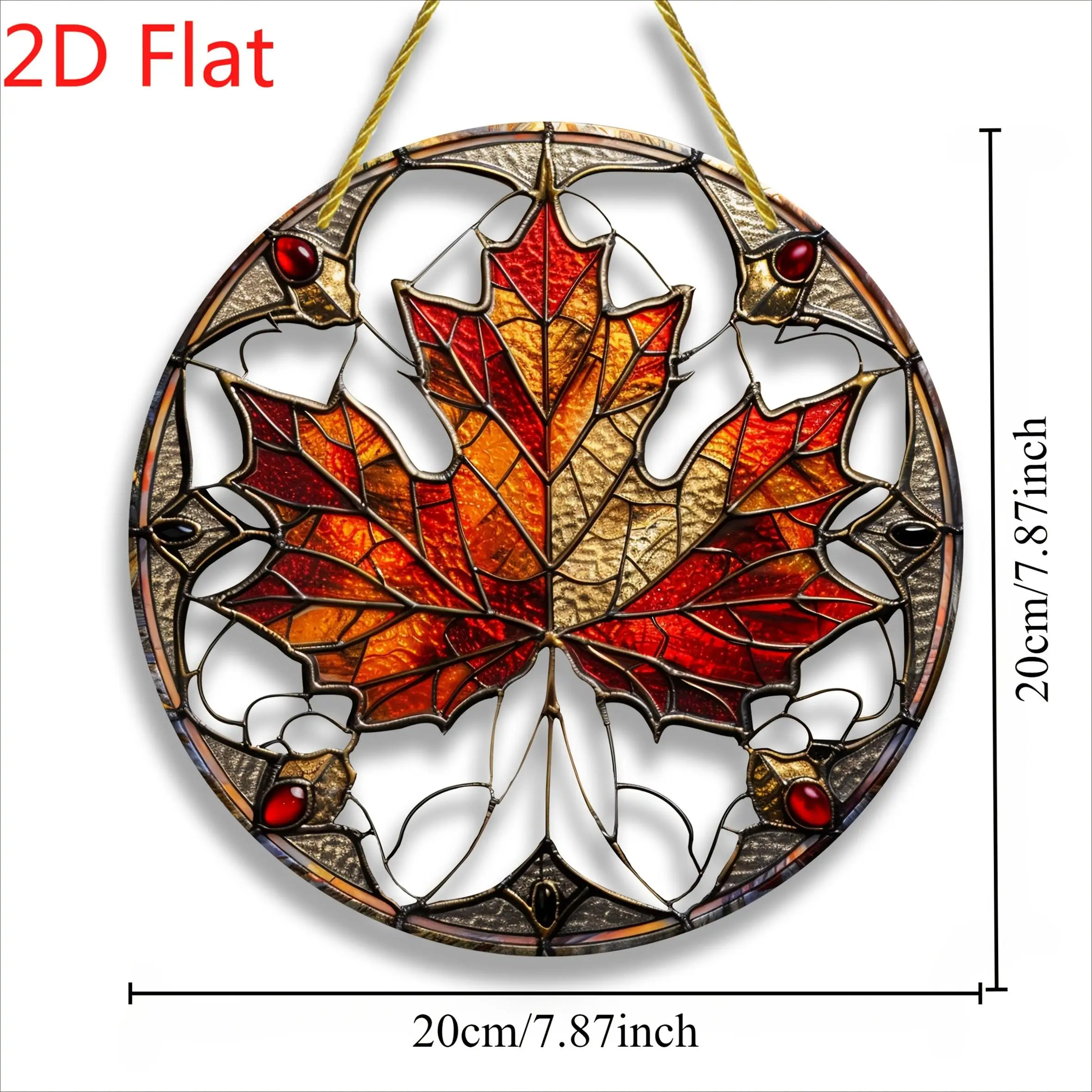 Acrylic Painting Stunning Red-Gold Maple Leaf with Ornate Frame and Red Gem Accents Stained Glass Style Round Wall Decor, 2D Fla