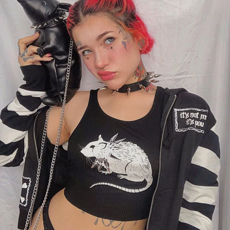 

Mouse Print Black Tank Goth Sexy Bodycon Cropped Tops Women Streetwear Harajuku O Neck Knitted Basic Tank Top