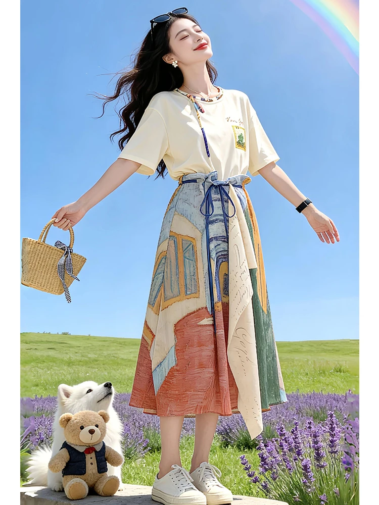 

Summer New Style Women's Soft Atmosphere Two-Piece Set Short Sleeve T-Shirt Oil Painting Skirt Casual Comfortable Fashion