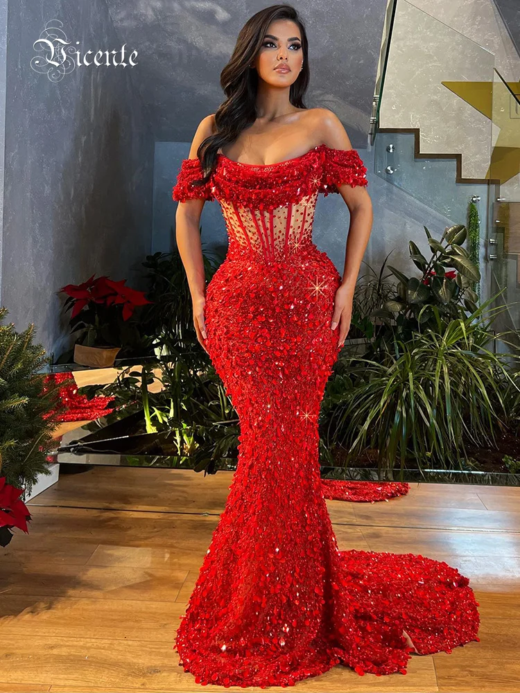 

VC Pearl Details Mermaid 3D-Lace Sequined Long Dress Off-Shoulder Sparkly Glitter Red Sequins Prom Evening Party Gowns