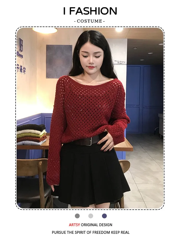 เสื้อสเวตเตอร์ถักไหมพรมผู้หญิงระดับไฮเอนด์ ดีไซน์หลวมสบาย ทรงหลวม ดีไซน์โปร่ง แขนยาว คอกลม เหมาะสำหรับฤดูใบไม้ร่วง แฟชั่นสตรีทแวร์