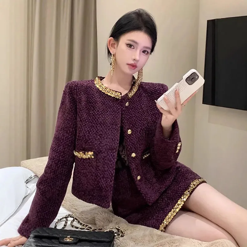 2026 Neues Herbst-Tweed-Zweiteiler-Set für Damen: Modische Jacke mit Goldbesatz und Minirock, Elegantes Damen-Blazer-Outfit