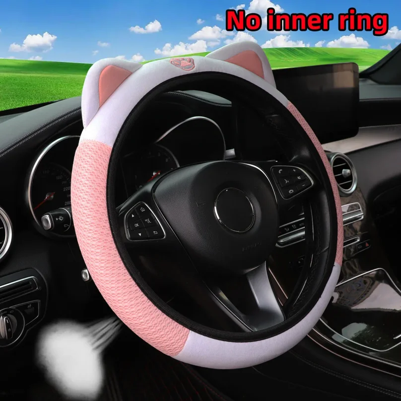 

Breathable Mesh Cloth Cute Kitten Car Steering Wheel Cover No Inner Ring, Fits 14.5-15 Inch Auto Interior Accessories