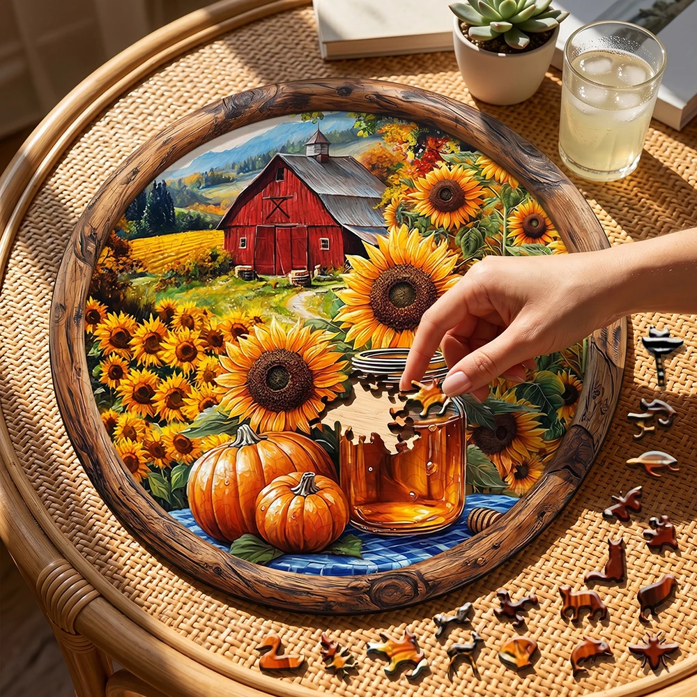 

Vintage Farm Sunflower Wooden Puzzle, 5A Difficulty Unique Shaped Pieces Family Activity Gift