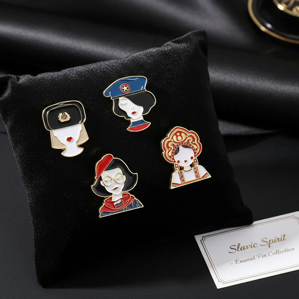 Cartoon Russian Girl National Clothing with Sunglasses Enamel Pin Russian Female Soldiers Avatar Brooch Lapel Badge Jewelry Gift