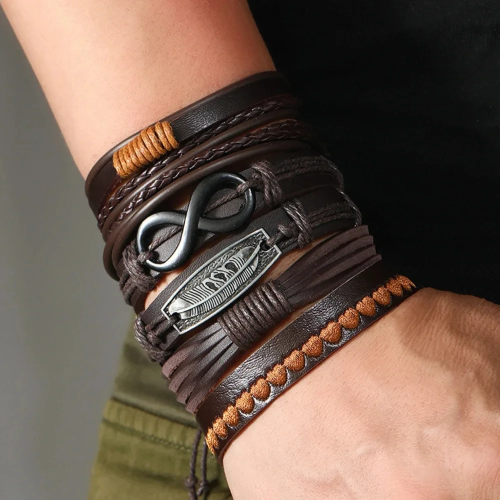 Vintage Brown 6 pieces Leather Bracelets Set For Men Metal Leaf Litter Punk Hand Braided Wrap Wristband Rope Mens Beads Bracelet