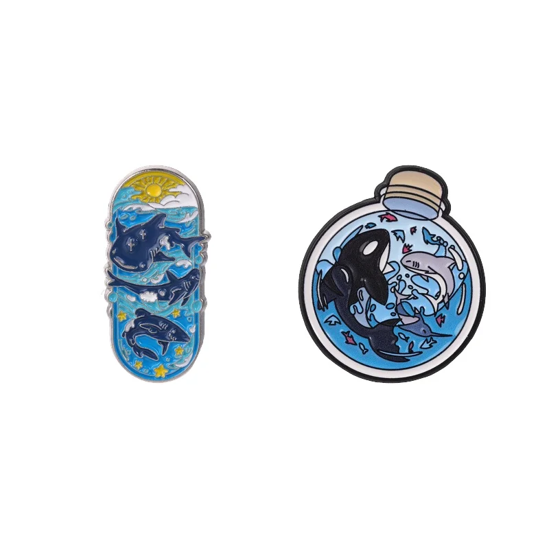 Ocean Shark Skateboard And Whale In Bottle Badge Cartoon Ocean Animal Enamel Pin Backpack Lapel Brooch Jewelry Gift for Friends