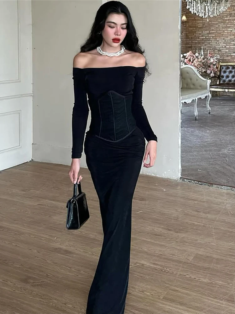 Raar Poes Sexy Shirring Jurk Vrouwen Patchwork Slash Hals Backless Volledige Mouw Elegante Vintage Stretch Skinny Avond Bodycon