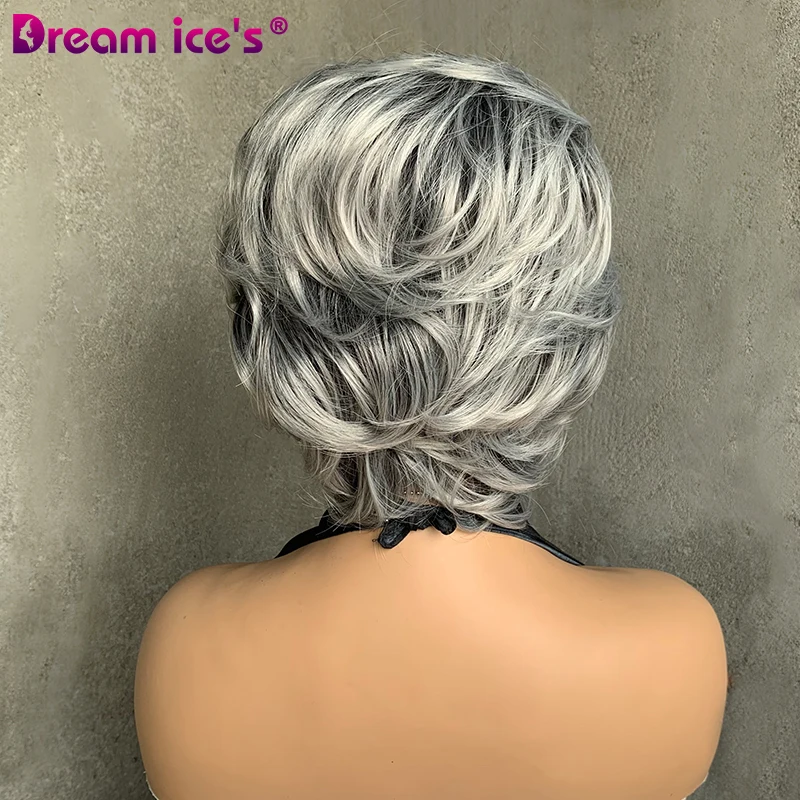 9 Inch Short Synthetic Mix Grey Dark Root Pixie Cut Wigs Natural Wavy Heat Resistant Party Work Wigs for White/Black Women