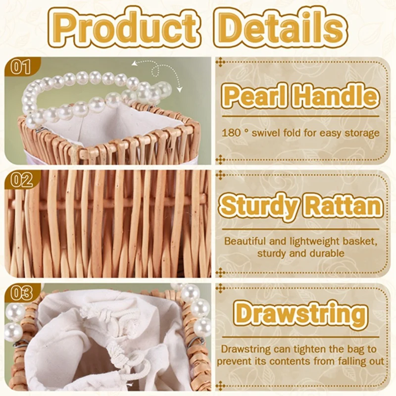 Woven Storage Basket Handle And Ribbon,Wedding Flower Girl Baskets Wicker Rattan Flower Basket For Home Garden Decor