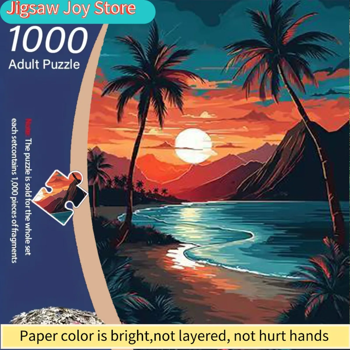 

1000pcs Adult Jigsaw Puzzle - Large 5D-Style 3D Illusion Tropical Beach Sunset with Palm Trees, Waterfall & Turquoise Waters -