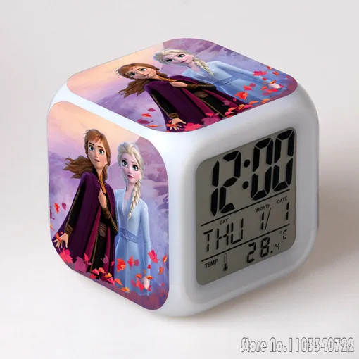 Anime Frozen Princess Anna Elsa Alarm Clock Creative Student 8x8x8cm LED Cube with Colorful Light Display Time Week Month