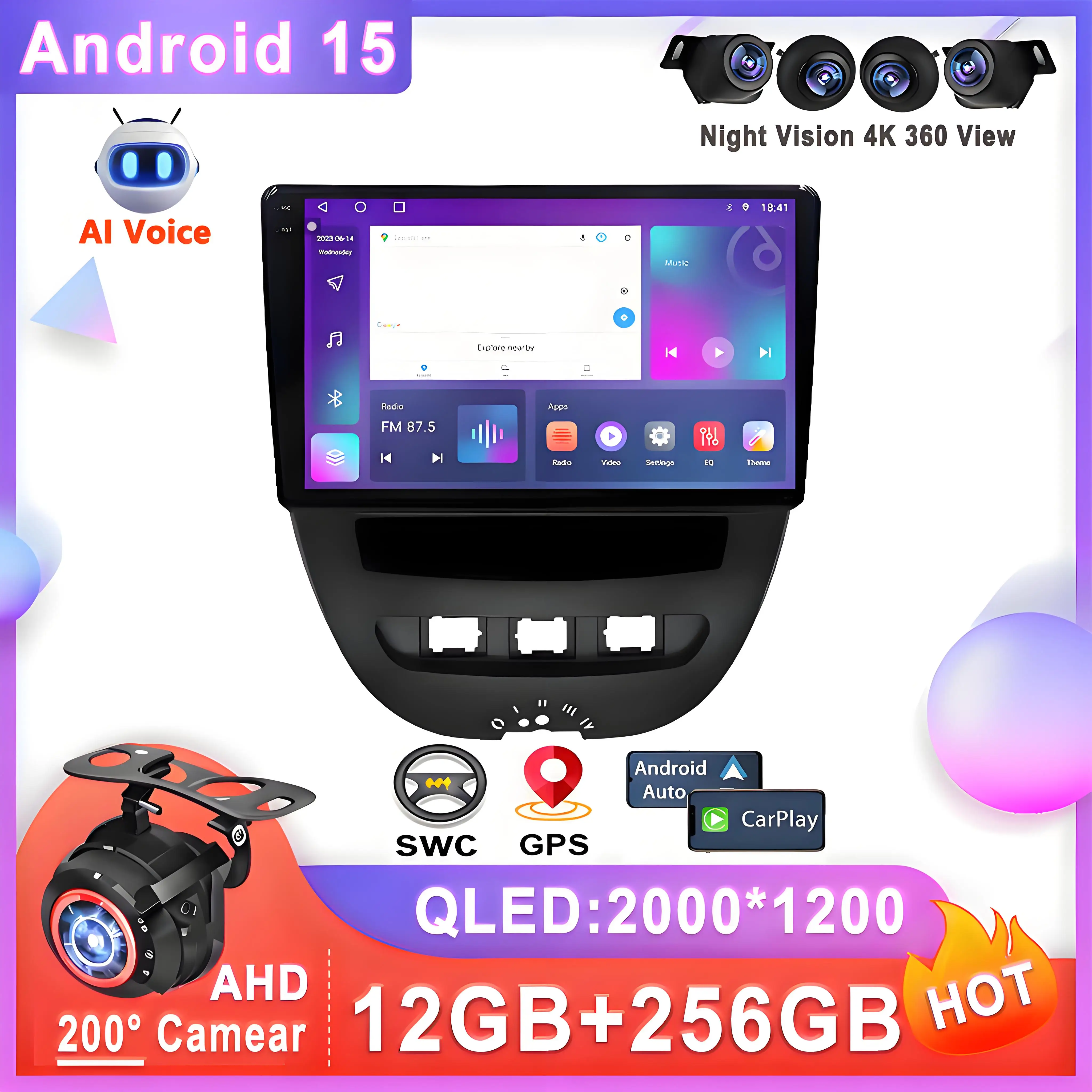 

For Peugeot 107 Toyota Aygo Citroen C1 2005 - 2014 Android 15 Car Multimedia Player Auto Radio Navigation Head Unit Screen GPS