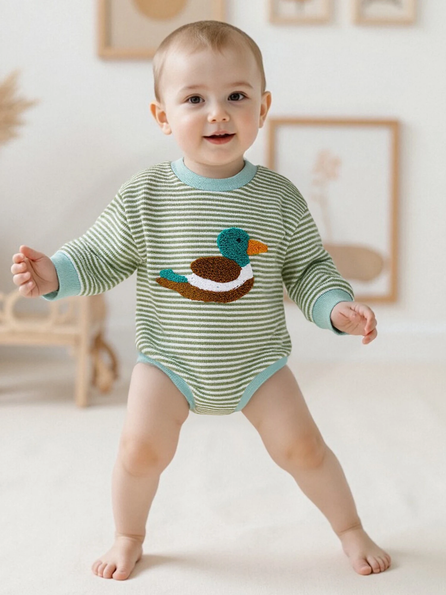 

Осенний вафельный комбинезон для младенцев с милой уткой и полосатым дизайном, комбинезон с длинными рукавами и круглым вырезом для младенцев