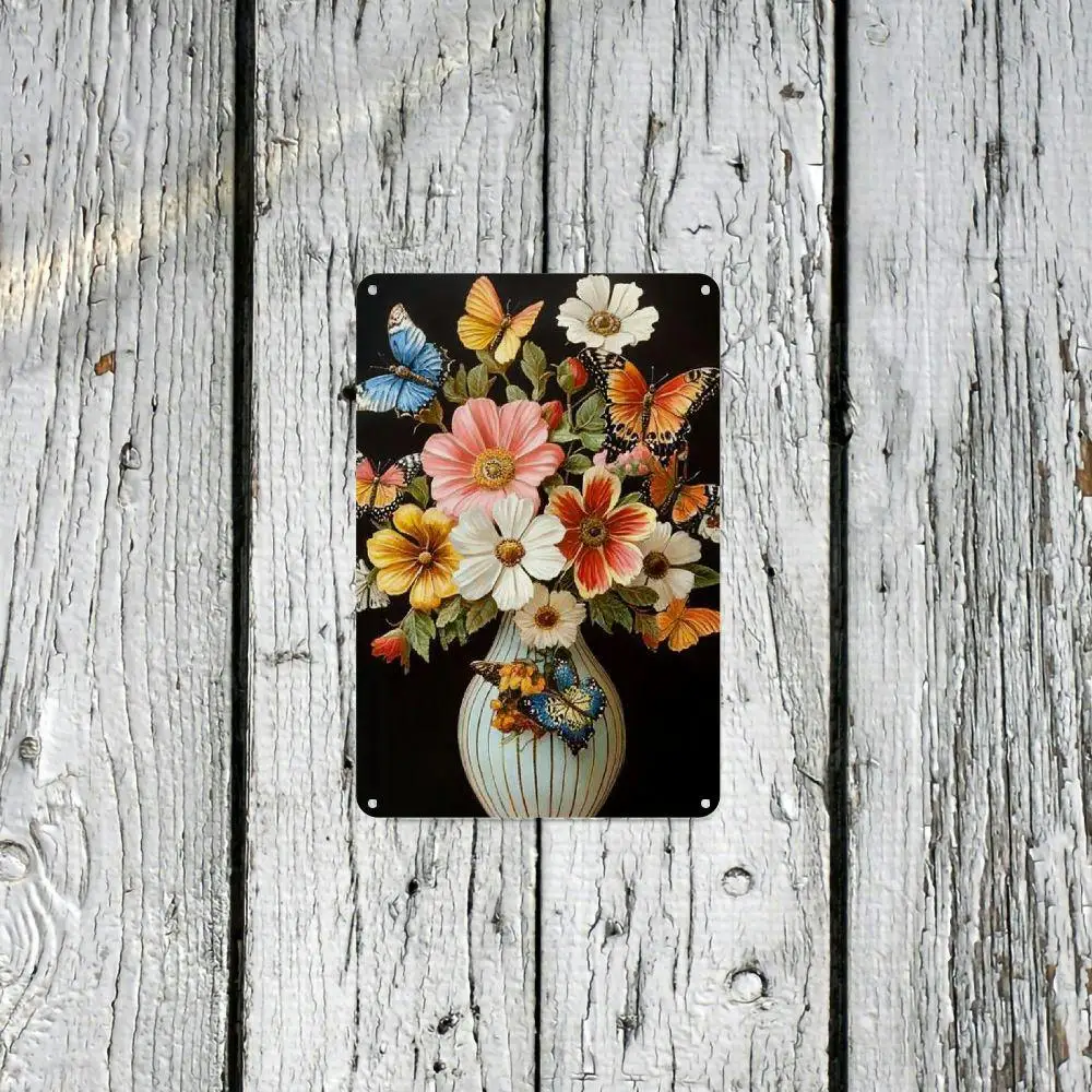 Peinture rustique en fer papillon et fleur, peinture en fer sans cadre, décoration murale vintage pour la maison, ensemble d'art fait à la main, étanche