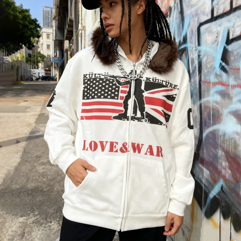 2000 الخريف/الشتاء جديد القوطية نمط الترفيه في الهواء الطلق الدافئة والرياح العلم الوطني نمط أفخم قبعة الفن مطبوعة هوديي أفخم #2