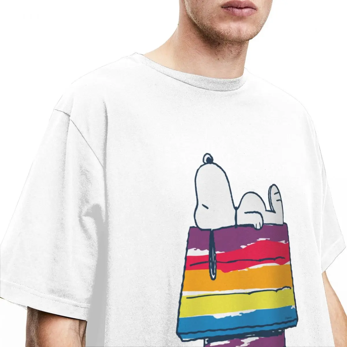 Snoopy Rainbow Dog House T-Shirts Men Casual 100% Cotton Tees O Neck Short Sleeve T Shirt Plus Size Clothes