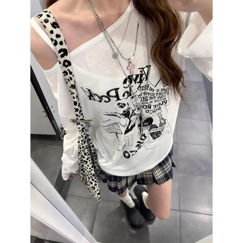 Onalippa-Camiseta de manga larga con hombros inclinados, estampado de letras de verano, protector solar ligeramente transparente, cubierta fina, Top ancho de trufa