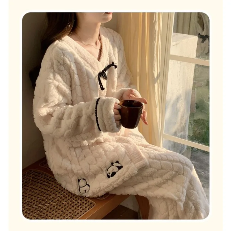 Panda pajama Lady Winter coral velvet thickened flannel Autumn /Winter student Korean cute warm home wear set pajamas for women