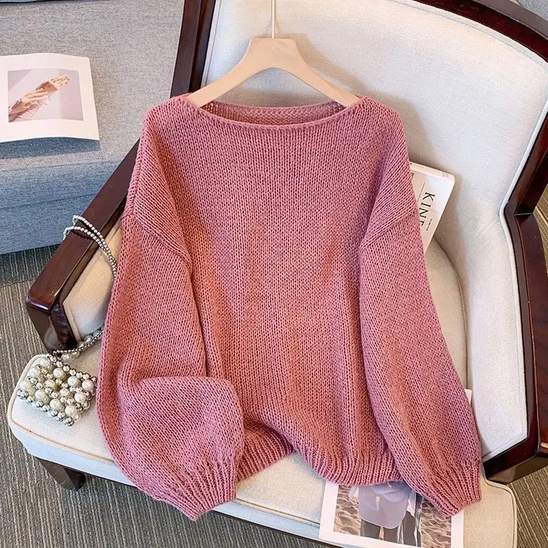 Autumn and Winter Korean Edition Simple Casual Long Sleeved Knitted Shirt Slouchy Loose Pullover Solid Sweater