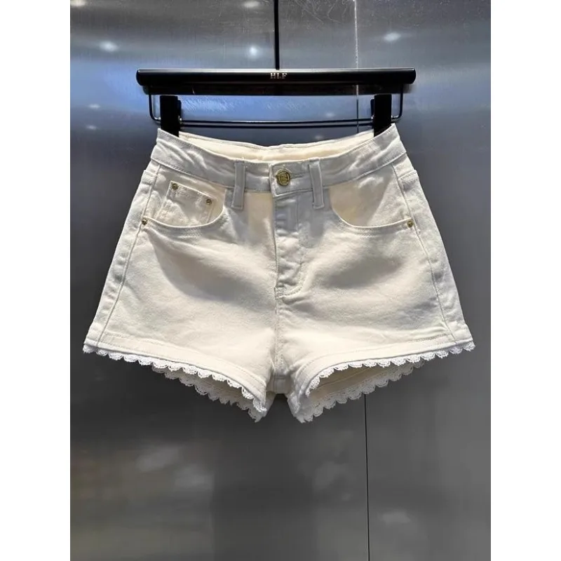 Korean Style Spliced   lace Denim Shorts for Women 2025 Design High Waist Elastic Versatile Hot Pants