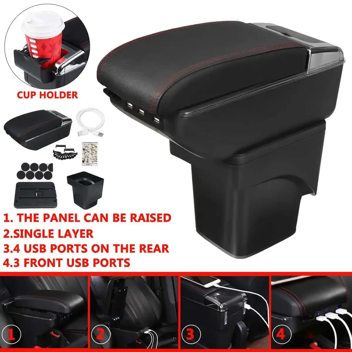 

Car Armrest For Ford Focus 2 MK2 2005-2011 Center Console Storage Box Leather Support 7 USB Sockets w/Ashtray Cup Holder