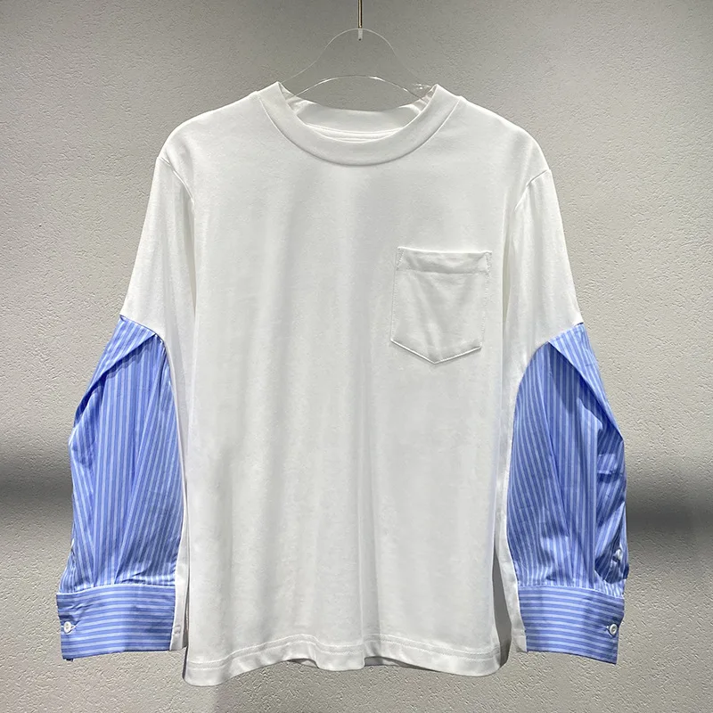 2026 Spring Summer New Color Block T-shirt Women Round Neck Loose Patchwork Puff Sleeve Short Tops