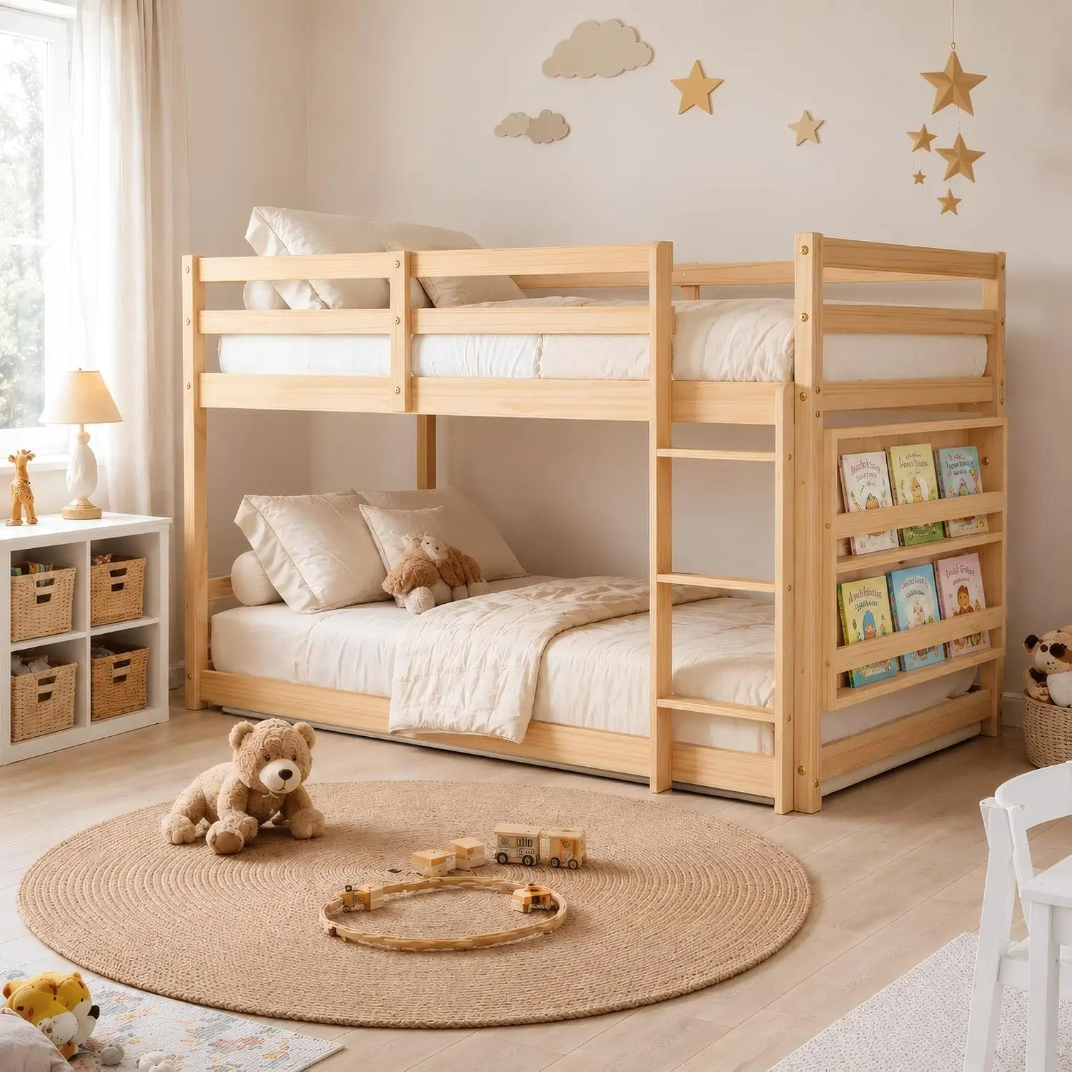 Twin Over Twin Low Bunk Bed with Bookshelf, Ladder & Full Guardrails, Wooden Floor Bunk Bed for Kids Bedrooms, Customized