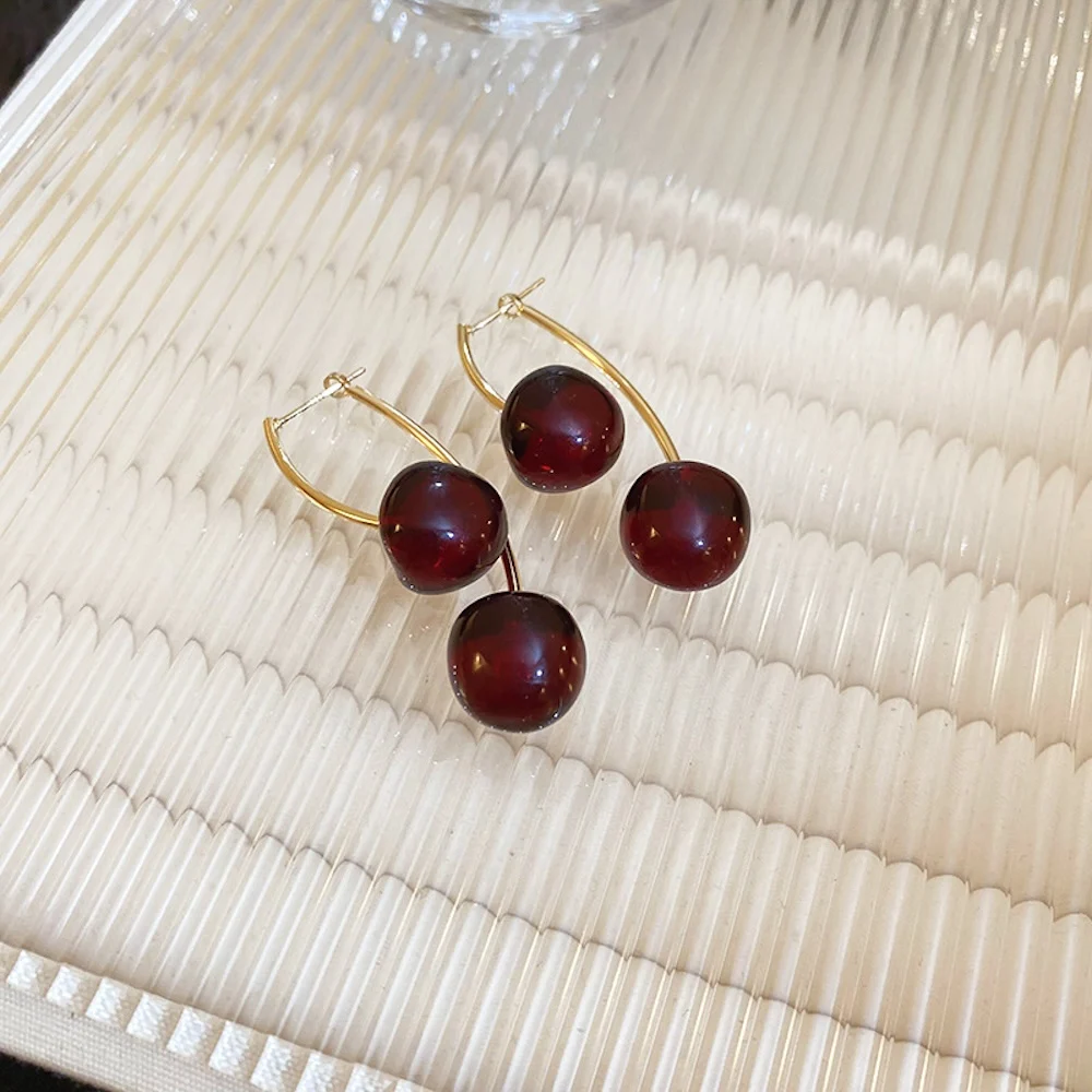 Retro Dark Red Cherry Drop Earrings Simple Fruit Earring For Women Fashion Party Jewelry Trend Accessories Gift