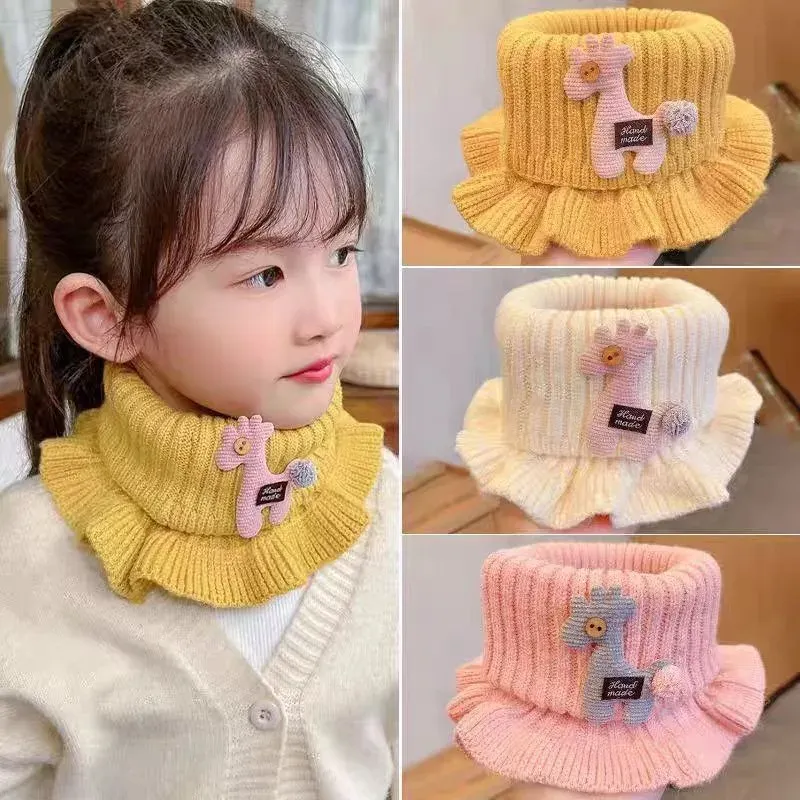  Baby Knitted Scarf Cartoon Giraffe Ruffle Neck Warmer Girls Kids Accessories Collar Circle Outdoor Winter Warm Scarves 