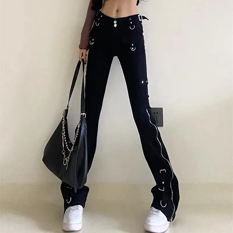 2023 Dark Streetwear Ankle Zipper Black Slim Y2K Flare Jeans Pants For Women Goth Clothes Dress Lady Hip Hop Trousers Ropa Mujer