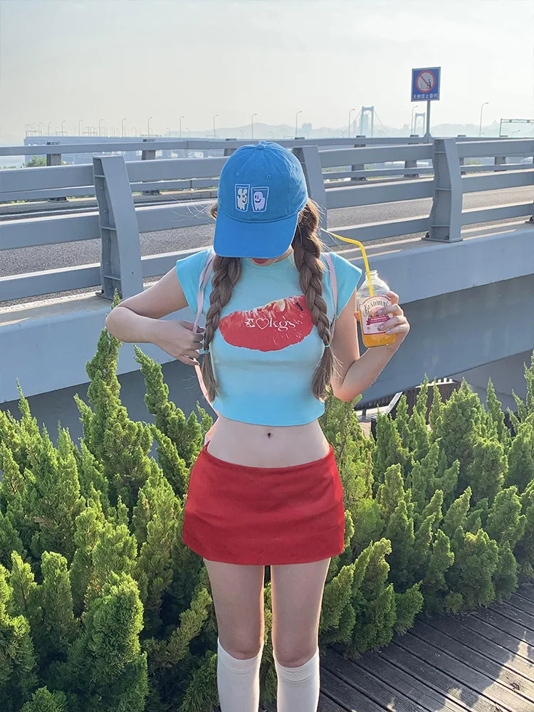 Mint Wave Fruit oulder ort Sve T-irt Women Summer American Hot Girl Slim Fit ort Tight Beautiful Small Top