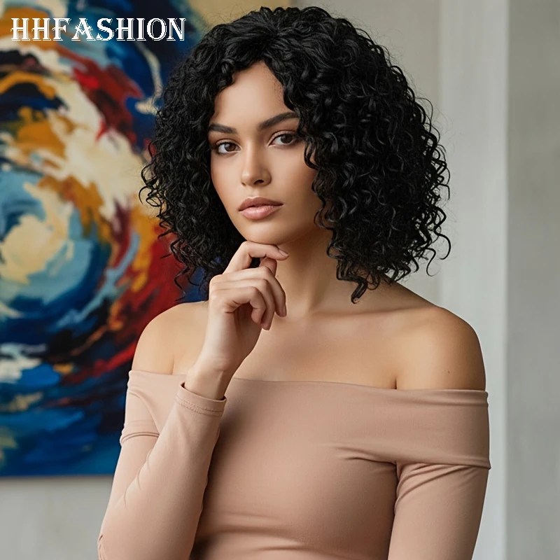 HHFASHION 12 Inch Black Female Short Spiral Curly Wig High-Quality High-Temperature Silk Material Rose Mesh Cap Heat-Resistant