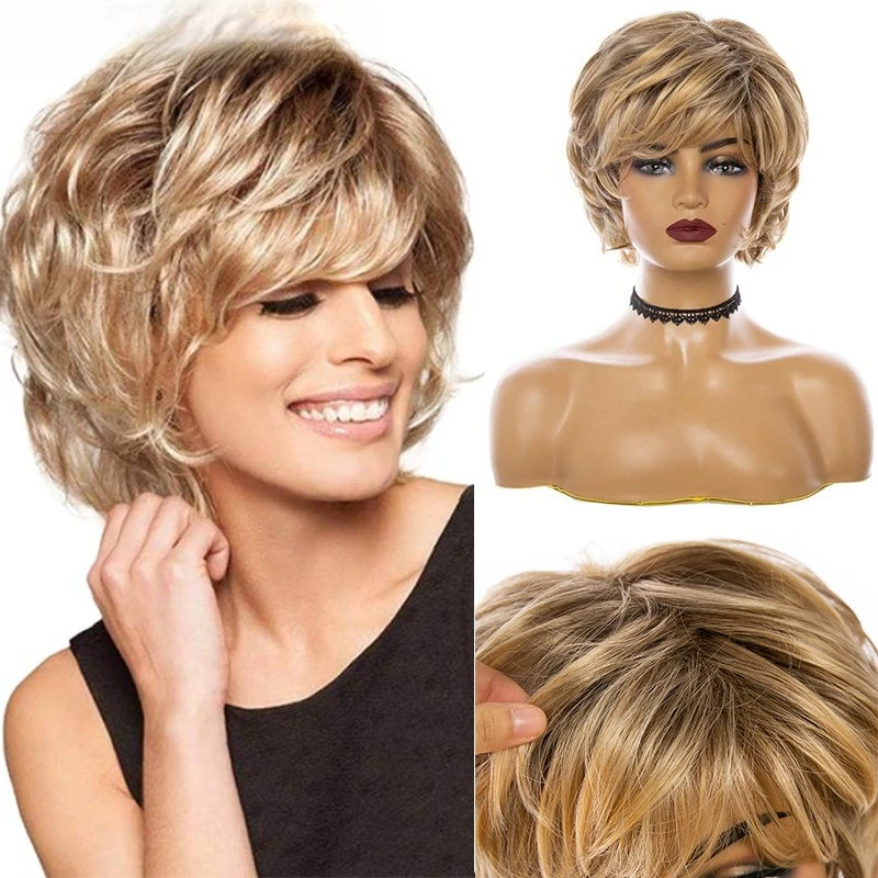 

European and American wigs Women's short hair Blond chemical fiber mechanism wigs Women's headgear Hair cover Blond hair wigs