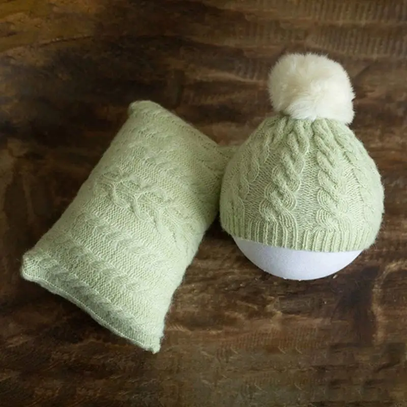 

97BE Baby Knitting Twist Hat Pillow Set Newborn Photography Props Cap Beanie for Head Cushion for Infants Photo