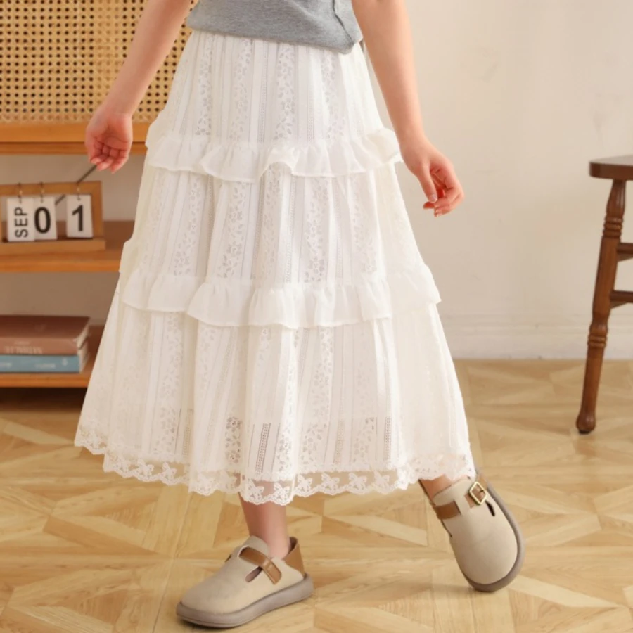Dot Lace Tiered Ruffle Maxi Skirt Kids Girls Elastic High Waist Cottage Casual Bottom For School Birthday Holiday Outdoor Outfit