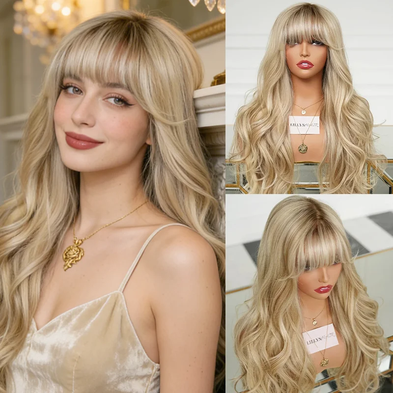 full-bangs-glueless-wigs-long-loose-wave-synthetic-wig-golden-honey-blonde-color-ombre-lace-front-wigs-for-women's-cosplay-sale