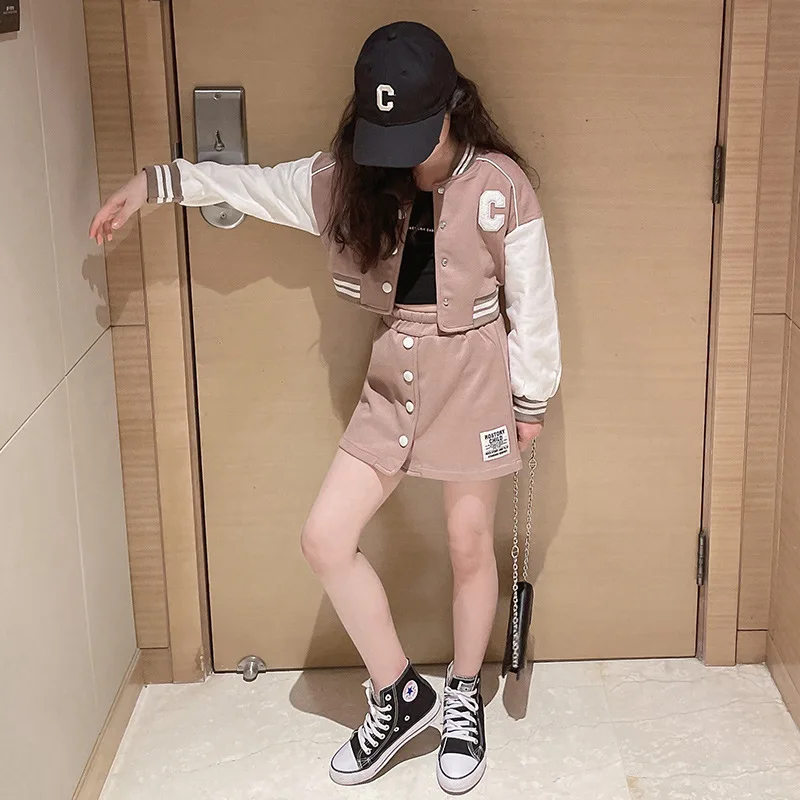 Teenager Patchwork Button Black Crop Top Coats A-line Skirt Set Varsity Bomber JacketBaseball Girls Spring Autumn Clothing Set