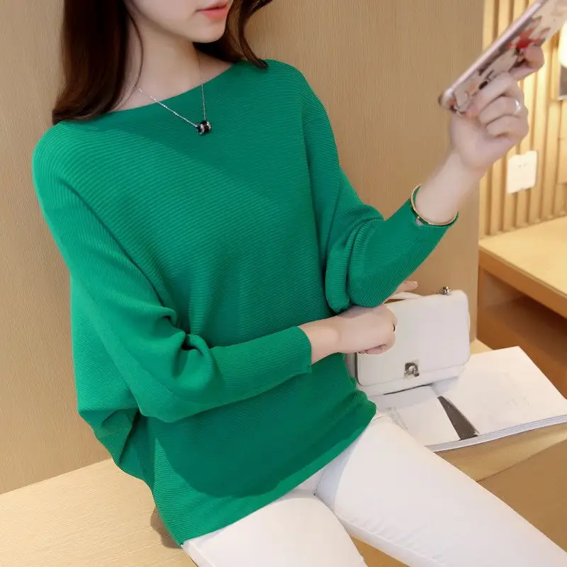 Spring and Autumn Sweaters Women\'s Bat Shirts One Line Neck Knitwear Women\'s Pullover Long Sleeve Loose Solid Color Top