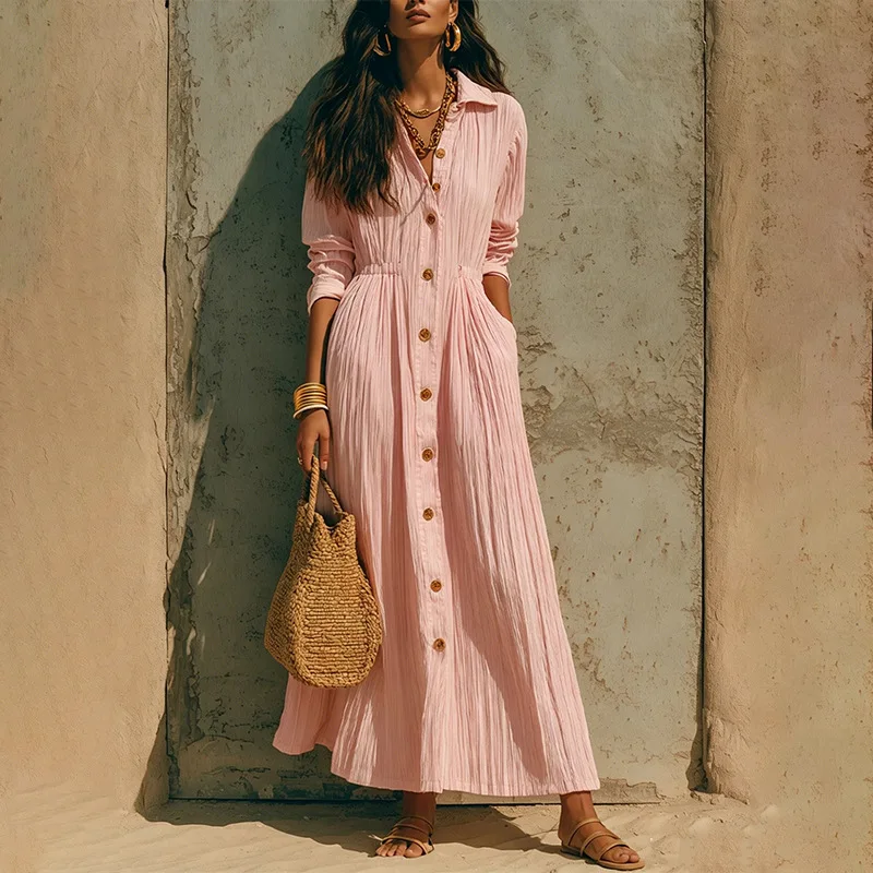 B Women Crinkle Solid Maxi Dress Plus Size Lapel Collar Button Cardigan Long Sleeve Pocket Dress Fall Travel Casual A-Line Dress