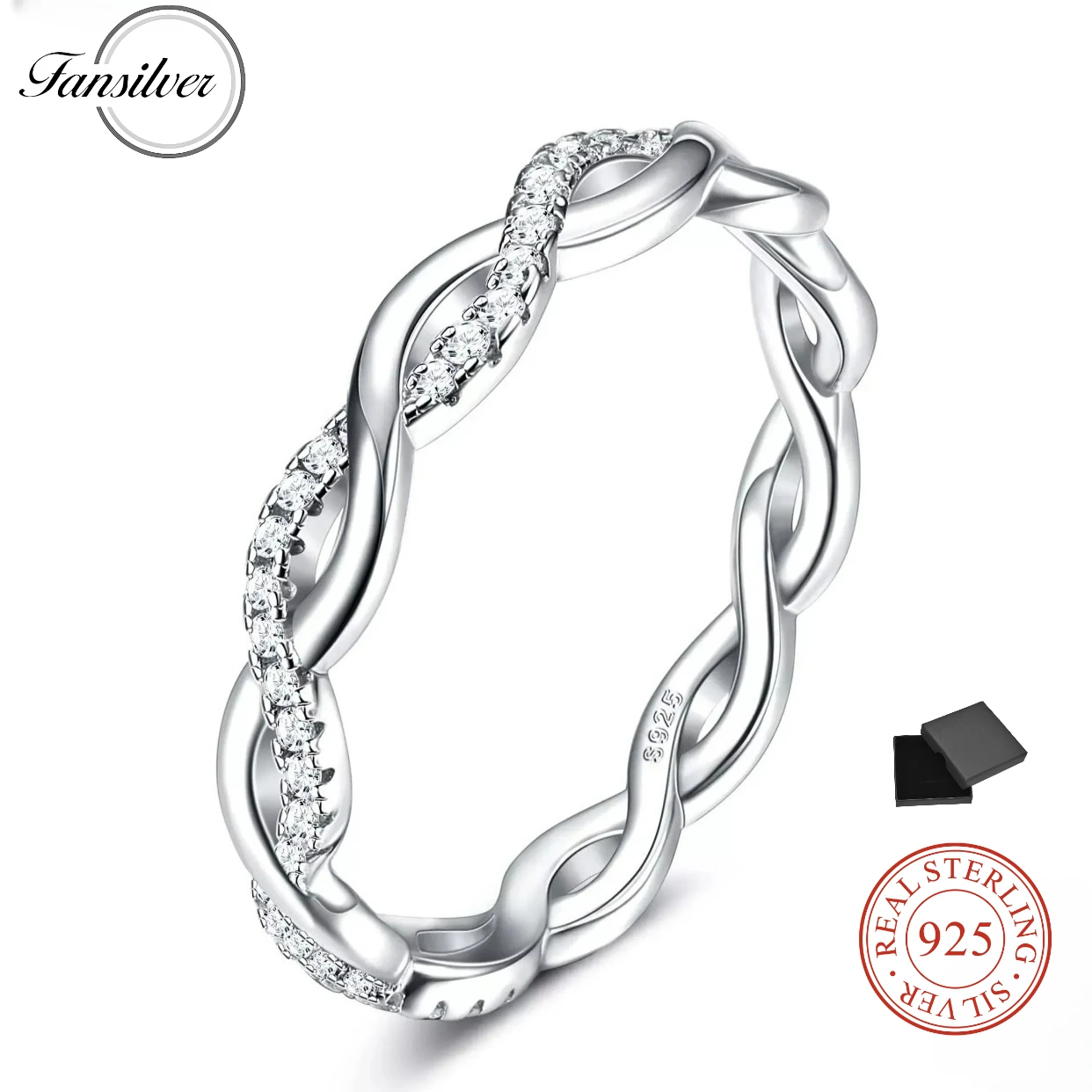 925 Sterling Silver Rings for Women Silver Twisted Rope Infinity Cubic Zirconia Eternity Wedding Band Promise Stackable Rings